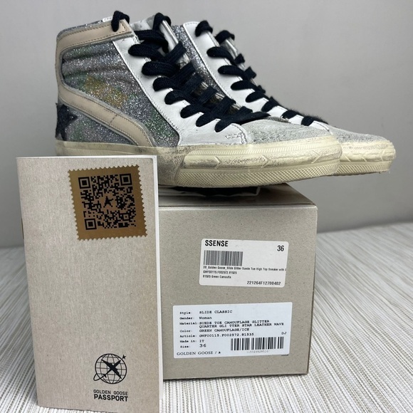 𝅺NEW Golden Goose Slide Classic High-Top Green Camouflage/Ice Sneakers Size 36 - Picture 2 of 8
